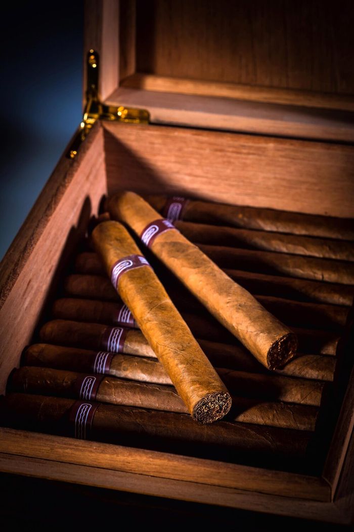 Cigars resting in an open humidor